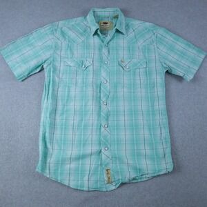 Larry Mahan Shirt Mens Large Western Cowboy Pearl Snap Green Plaid Short Sleeve